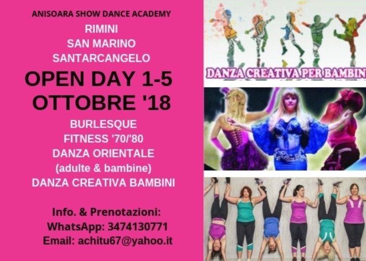 Open Day Danze Orientali(tutti i livelli per bambine e adulte), Burlesque, Fitness70/80, Danza creativa-Baby Dance