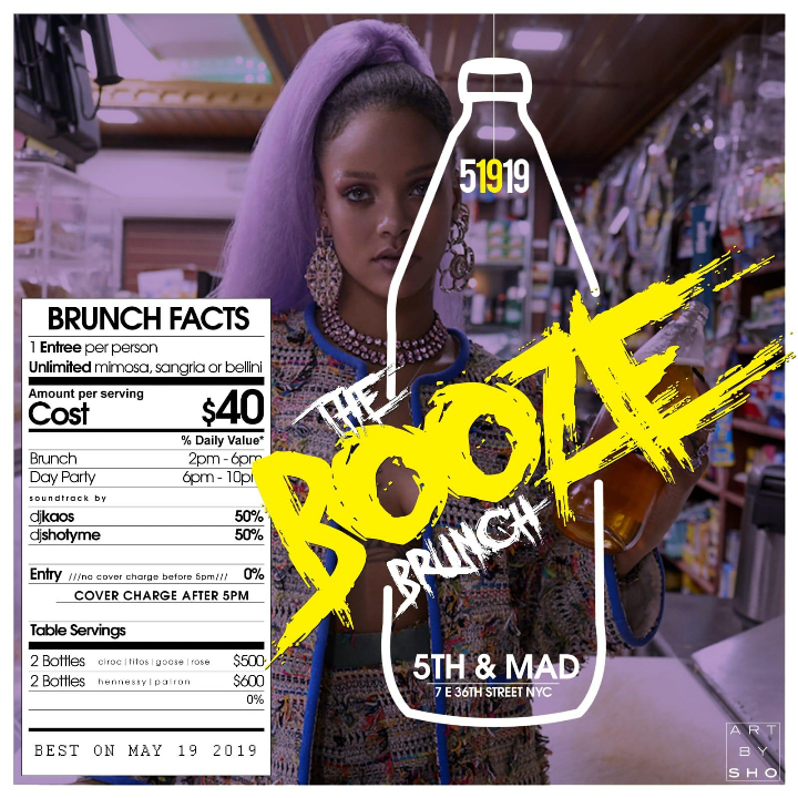 Sun. 05/19: The Boozie Brunch & Day Party @ 5th&Mad NYC. No Cover for All.